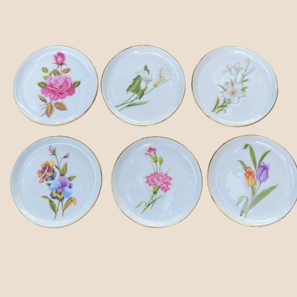 Antique Furstenberg Hand Painted Floral Butter Pat Set of 6 Gold Rim Germany 4"